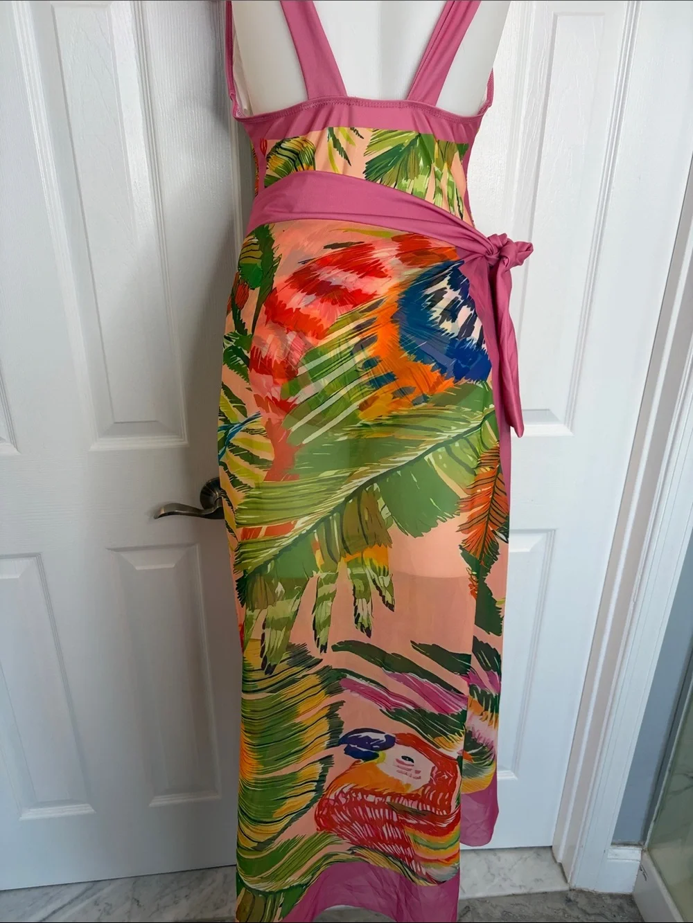 Pink Tropical One-Piece Swimsuit Tie Straps Matching Maxi Sarong Wrap Set Size M